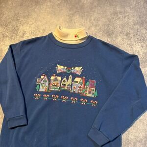 Vintage Grandma Granny Christmas Village Sweatshirt Women Large Blue Mock Neck‎
